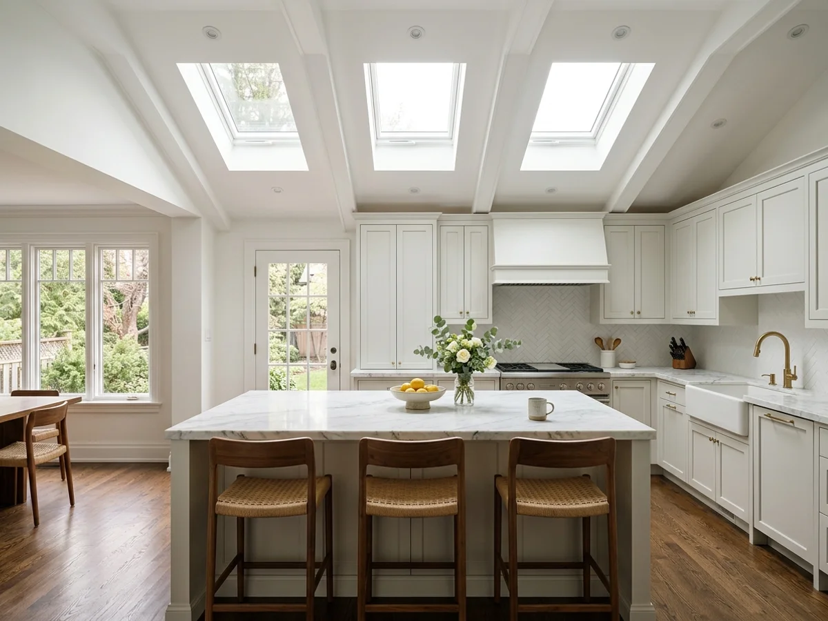 Rosedale heritage kitchen with three new Velux VSS solar skylights over the island