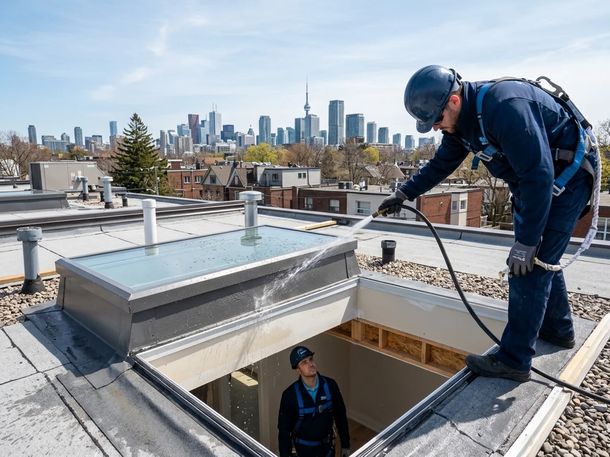 Technician running a sequenced hose test on a Toronto skylight