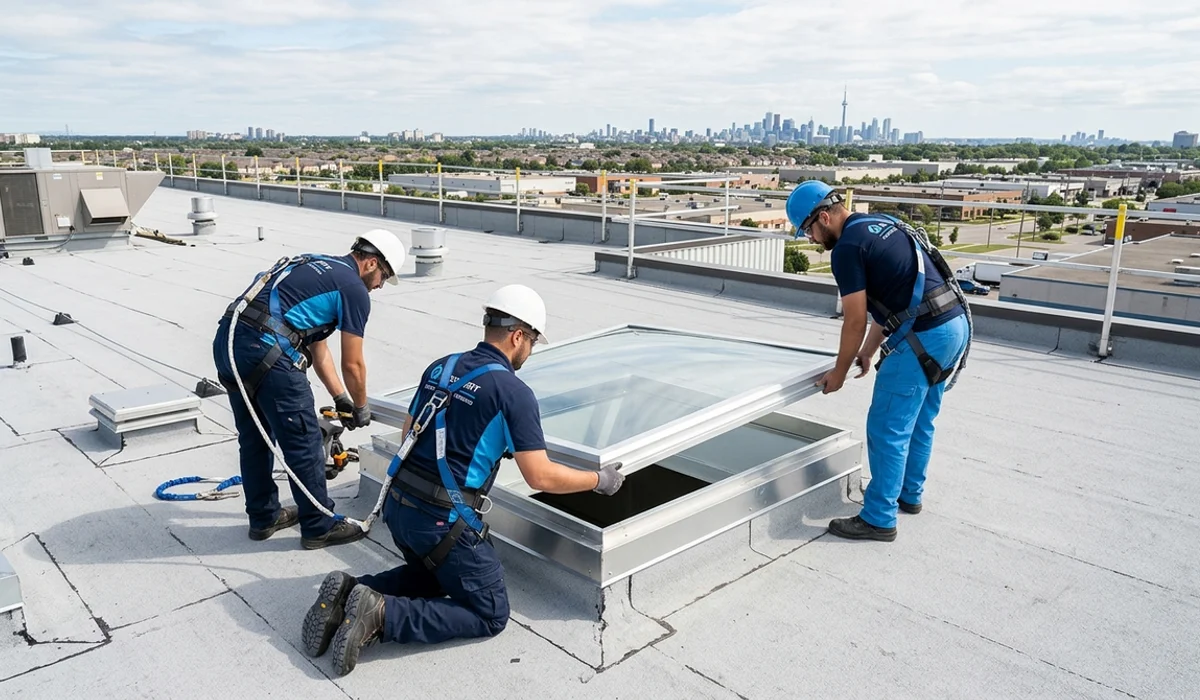 Commercial crew in fall protection installing a curb-mount skylight on a TPO warehouse roof