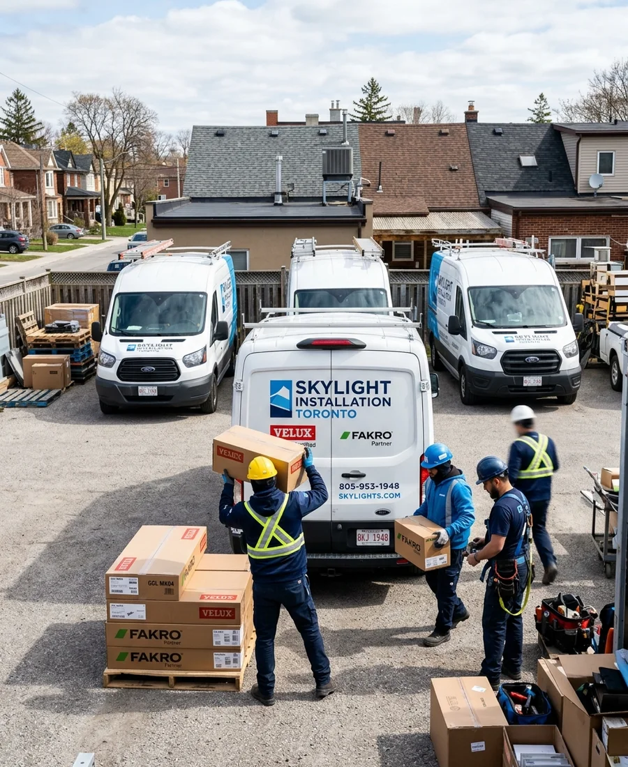 Skylight Installation Toronto install trucks being loaded with Velux and Fakro units in the East York yard