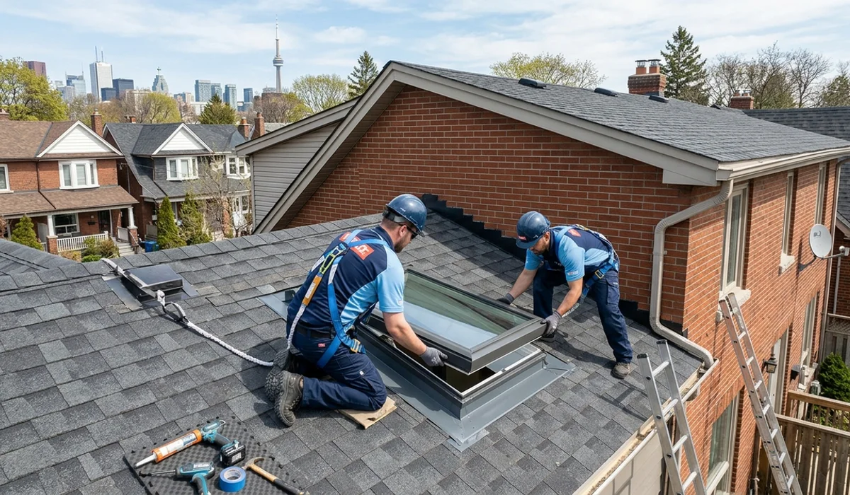 Two installers setting a Velux FS skylight into a new opening on a Toronto semi-detached roof