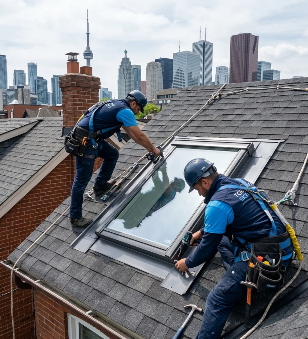 Two-person Skylight Installation Toronto crew fitting a Velux skylight on a pitched Toronto roof