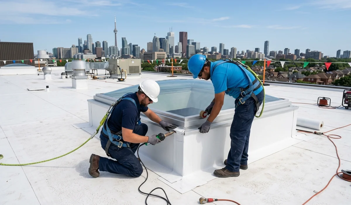 Two roofers heat-welding TPO membrane flashing up a raised skylight curb