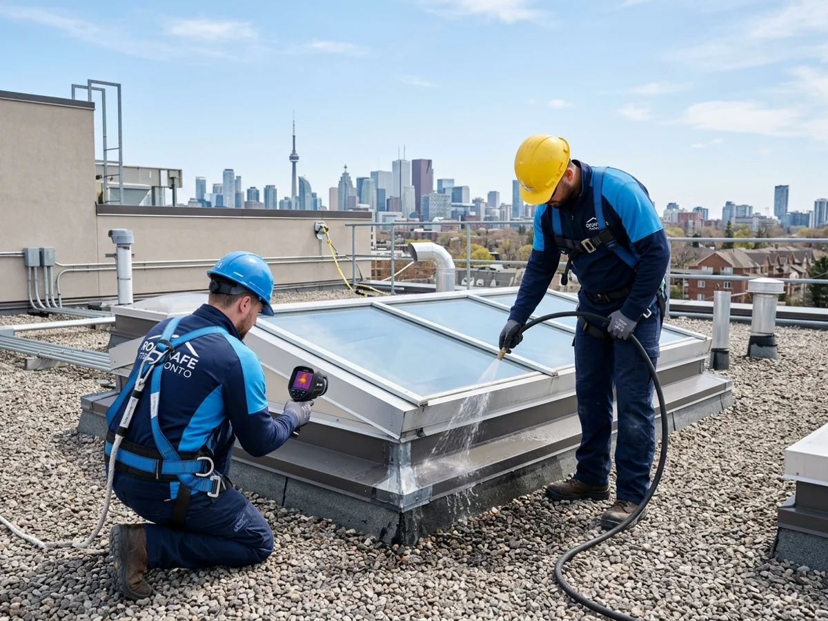 Technicians inspecting skylight flashing with a thermal camera on a Toronto roof
