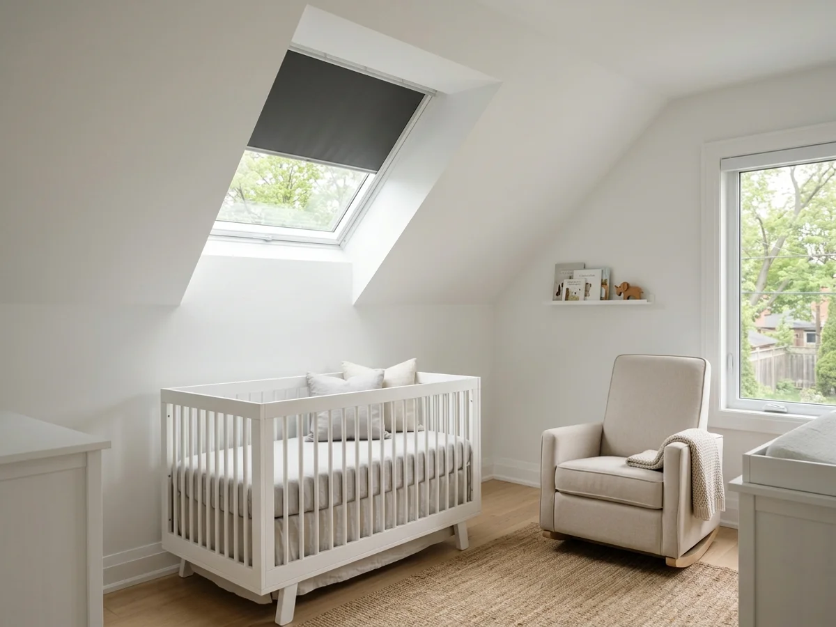 Velux blackout blind partly closed on a nursery skylight