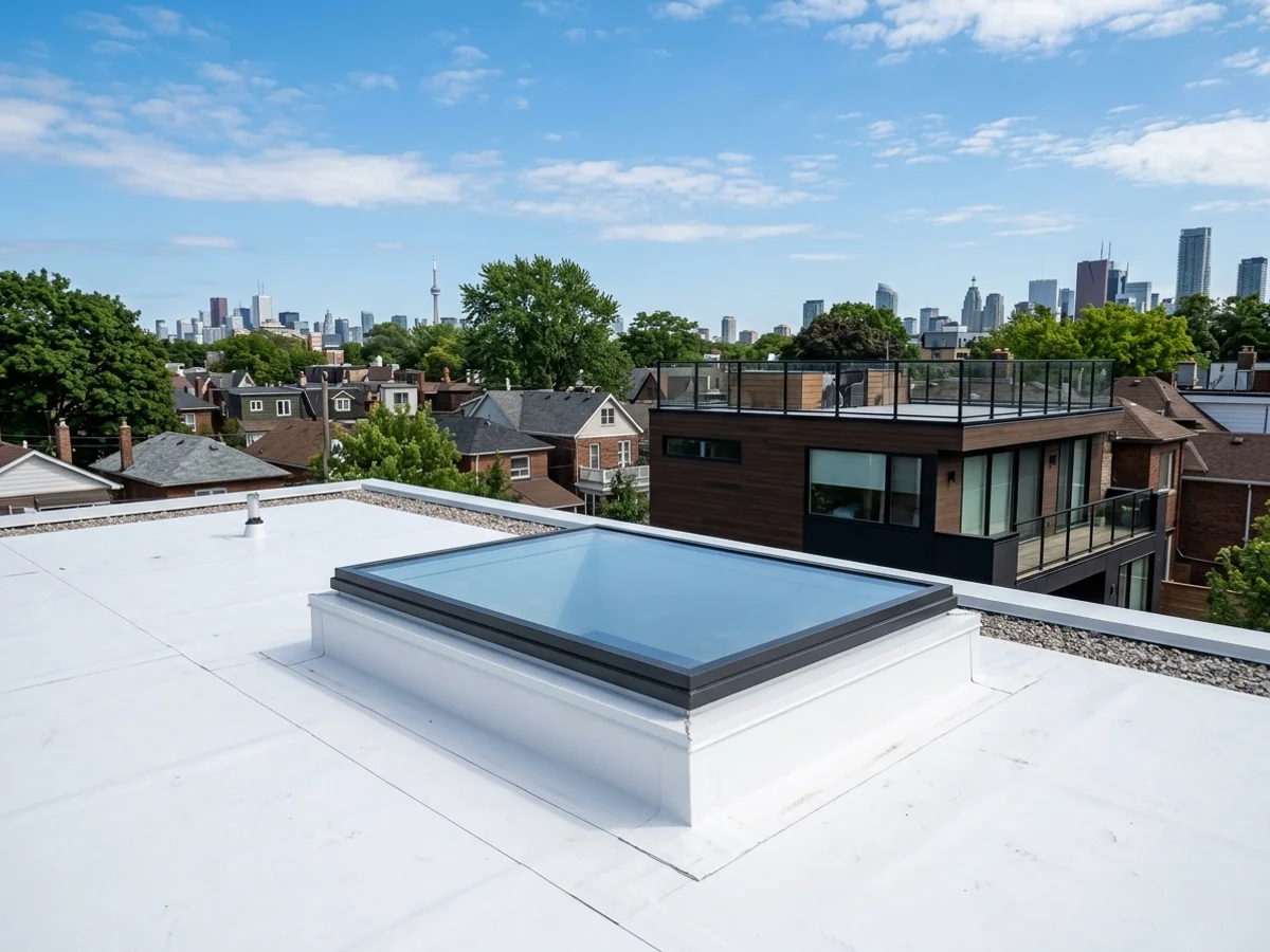 Velux flat glass skylight on a raised curb atop a white TPO roof in Toronto