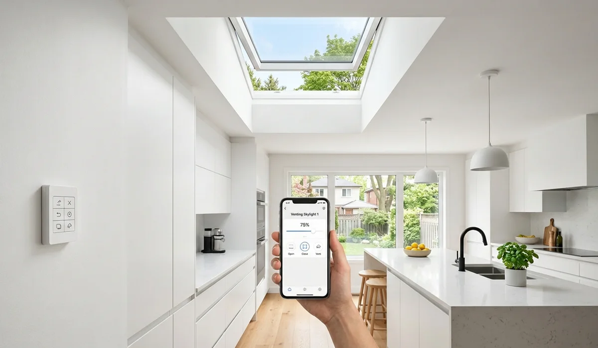 Keypad and app controlling a venting skylight in a modern kitchen