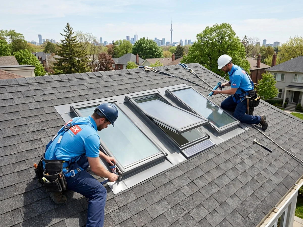 Velux FS, VS and solar VSS skylights installed side by side on a Toronto roof