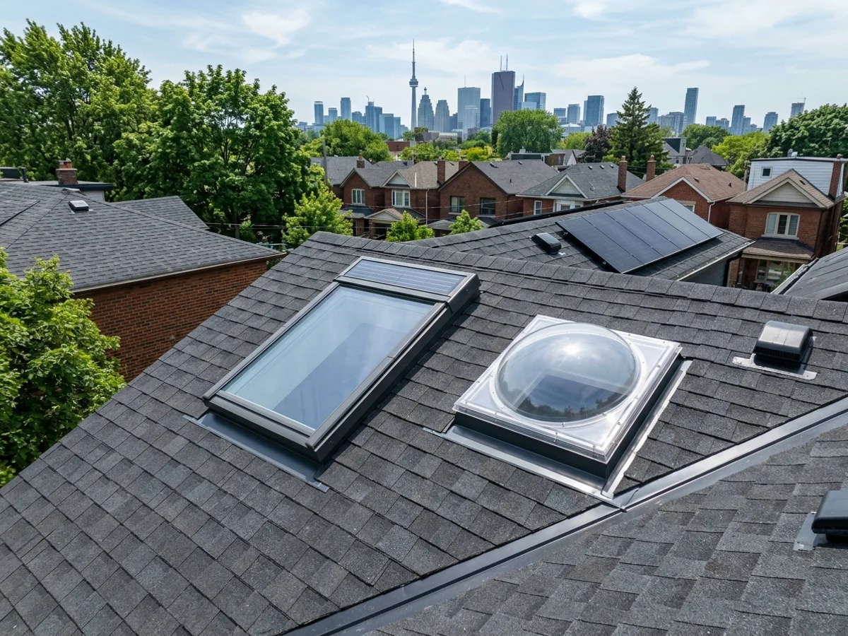Solar skylight and sun tunnel dome side by side on a Toronto roof