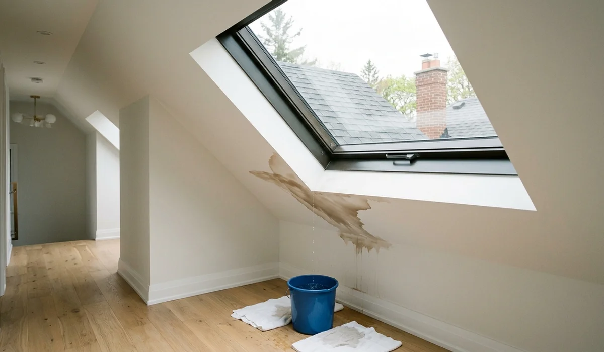 Water stain on drywall below a leaking skylight inside a Toronto home