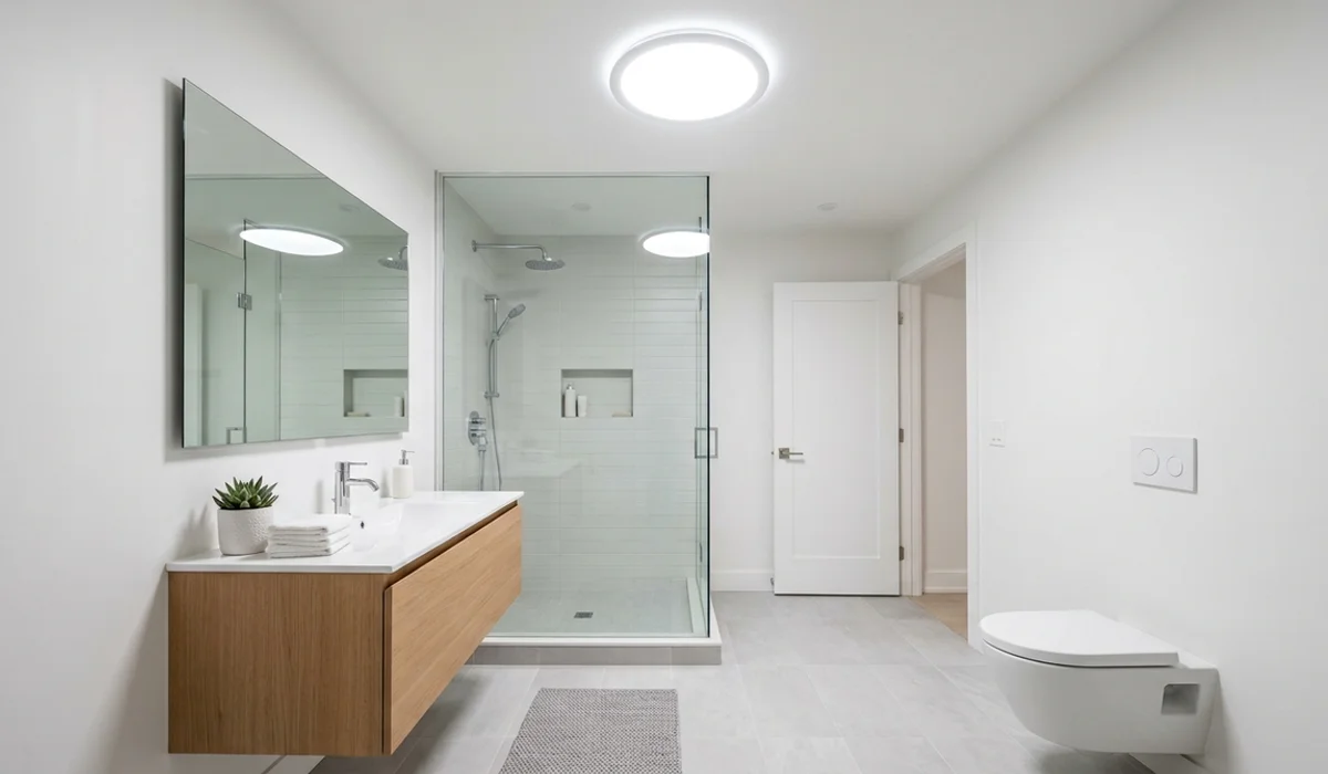 Interior bathroom lit by a sun tunnel diffuser